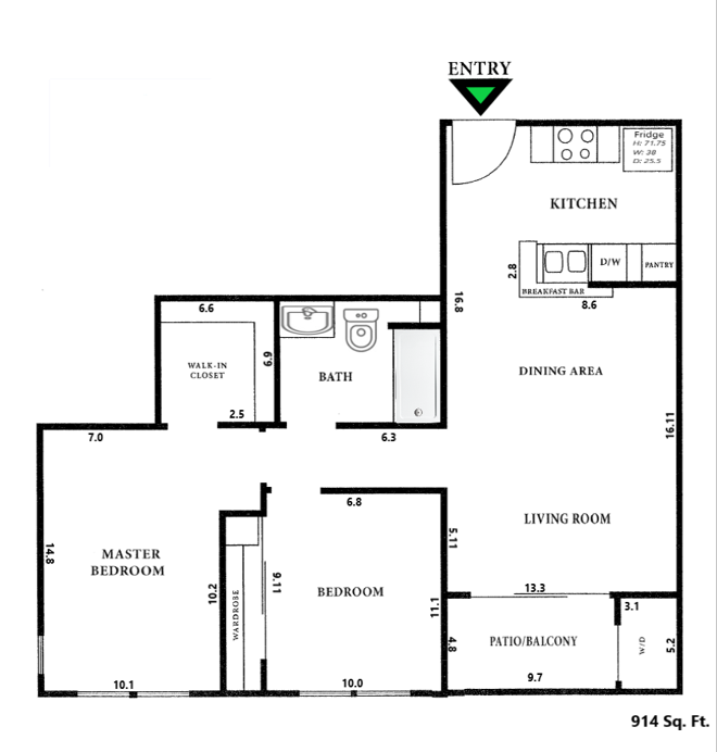 Floor plan for 2 beds, 1 bath, 914 sqft